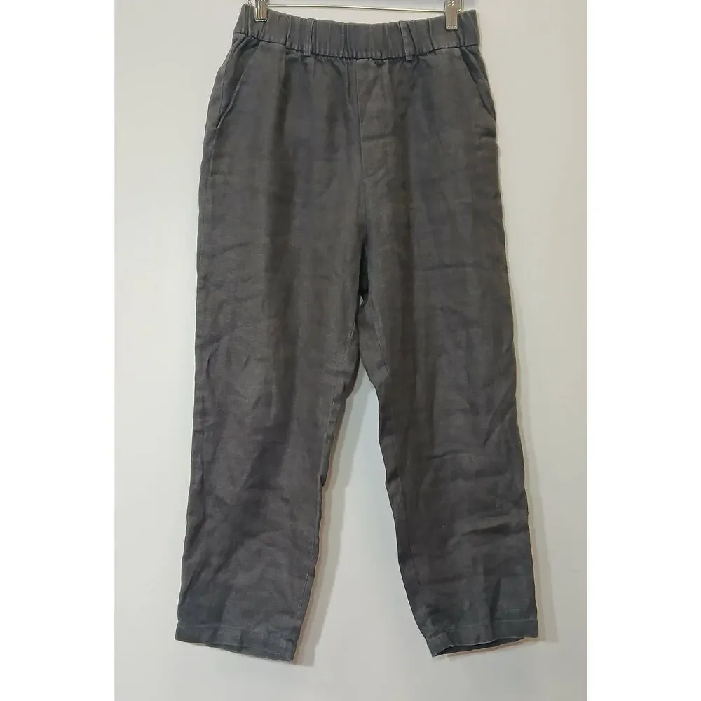 Zara womens small linen gray trousers pants wide leg pull on elastic waist